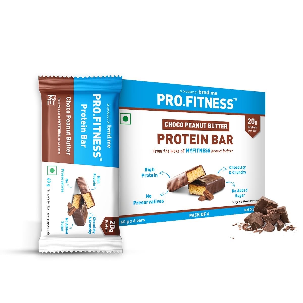 PRO.FITNESS Chocolate Peanut Butter 20g Protein Bars (60g x Pack of 6) | No Added Sugar, No Preservatives, No Trans Fat | Healthy & Tasty Protein Snacks from the makers of MYFITNESS Peanut Butter