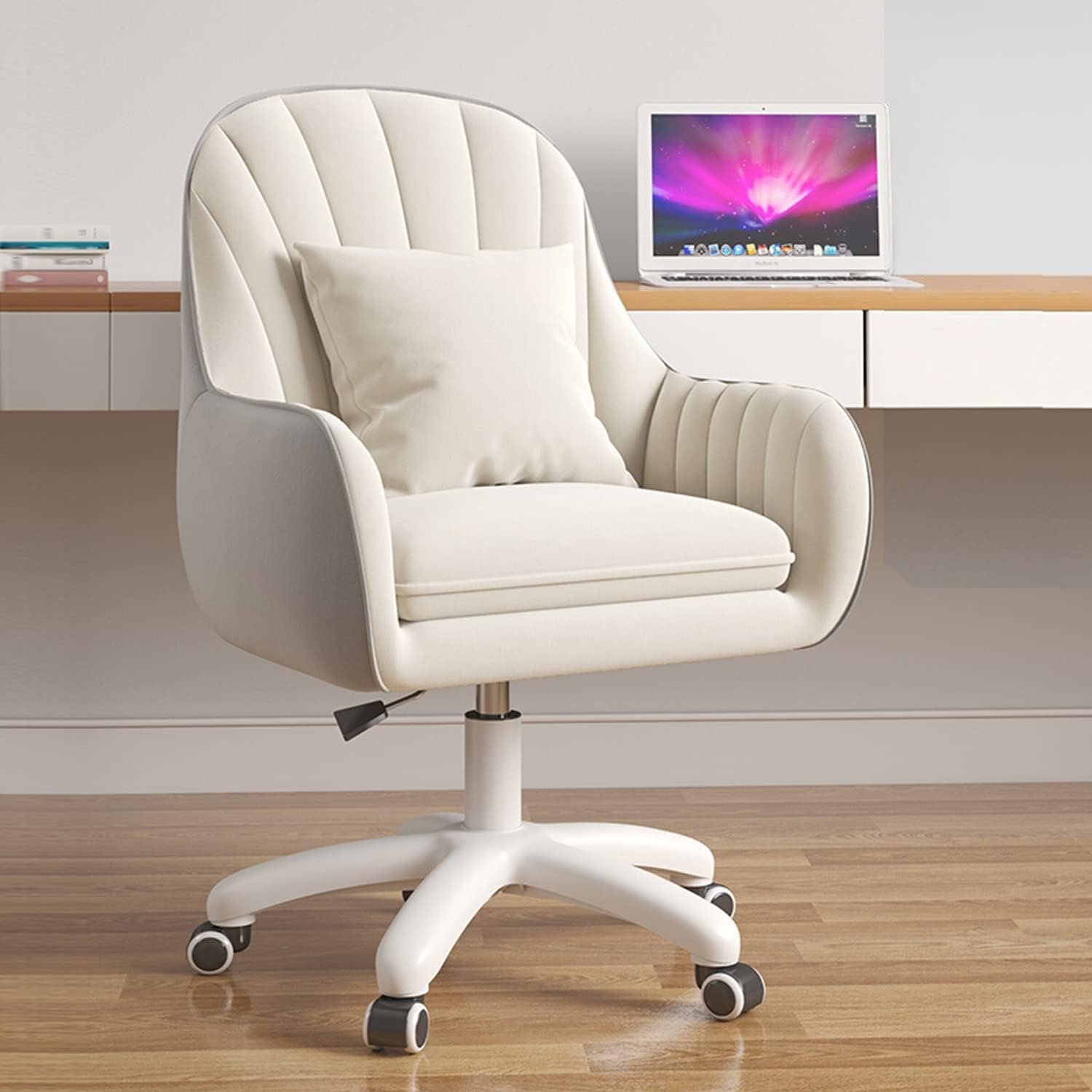 Mid Back Velvet Vanity Chair Swivel Rolling Desk Chair with Wheels, Modern Upholstered Makeup Chair for Women Girls, Computer Task Chair for Bedroom Living Room Office, White