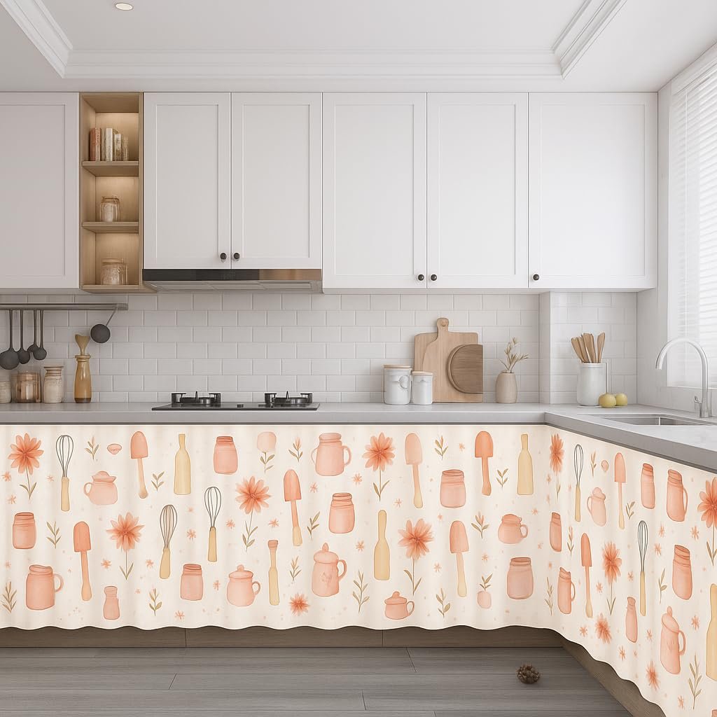 Decorative Sink Curtain for Kitchen | Pack of 2 | 150×70 cm Under-Sink Cover | Printed Fabric Panel with Rod Pocket | Washable Storage-Hiding Curtain for Modern Home Décor (VELEN)