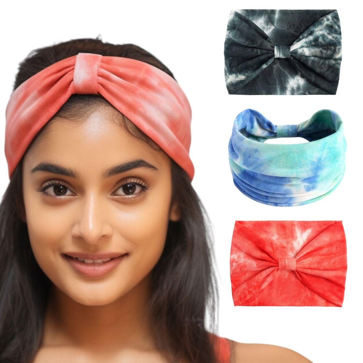 XFYT Pack of 3 Tie-Dye Stretch Soft Hair Bands | Super Stylish Chic Fashionable high absorbtion Wide Headbands Set for Women Girls Yoga Sports Gym Workouts Exercise Tennis (Beau, Pack of 3)