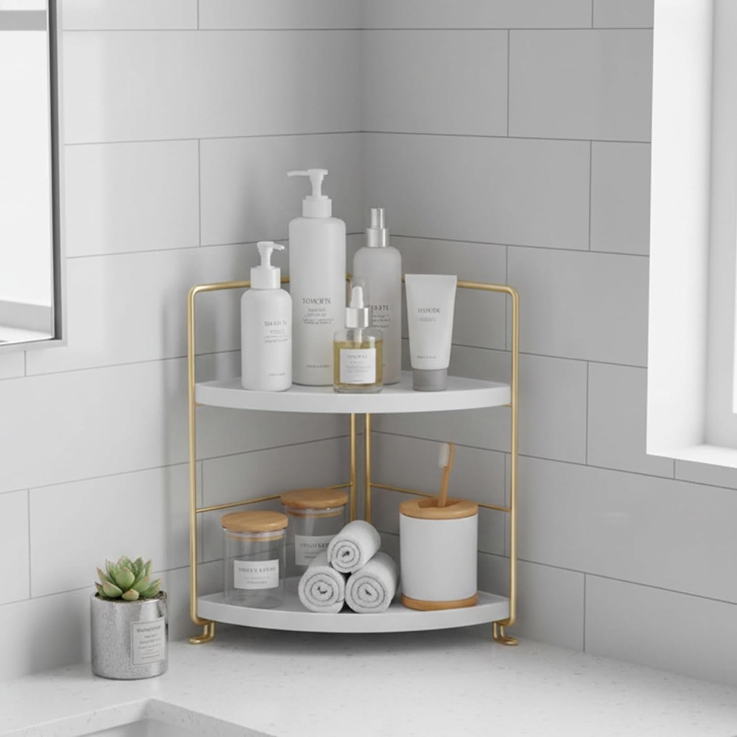oddpod™ 2-Tier Corner Storage Rack Bathroom Countertop Organizer/Stackable Standing Makeup Storage Holder, Vanity Tray, Cosmetic & Spice Rack Shelf Cabinet for Kitchen and Bathroom (Gold)