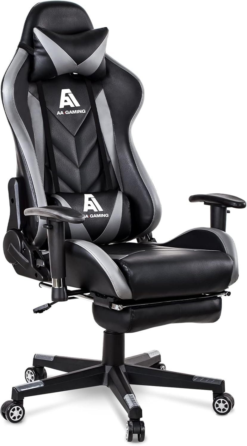 AA Products Gaming Chair High Back Ergonomic Computer Racing Chair Adjustable Office Chair with Footrest, Lumbar Support Swivel Chair – Grey