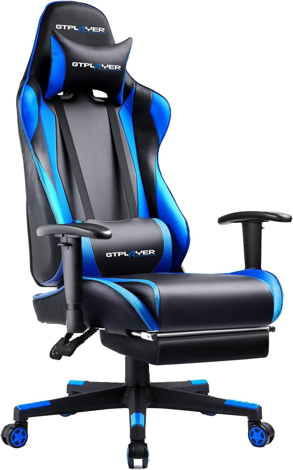 GTPLAYER Gaming Chair with Footrest, Ergonomic Computer Game Desk Chair, Reclining Gamer Chair Seat Height Adjustment, Swivel Rocker with Headrest and Lumbar (Blue)
