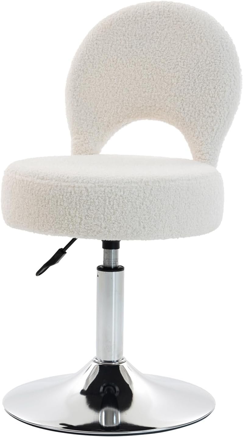 Adjustable Small Vanity Chair, 360° Swivel Vanity Stool with Folding Back, Comfy Teddy Ottoman Stool for Bedroom, Dressing Room