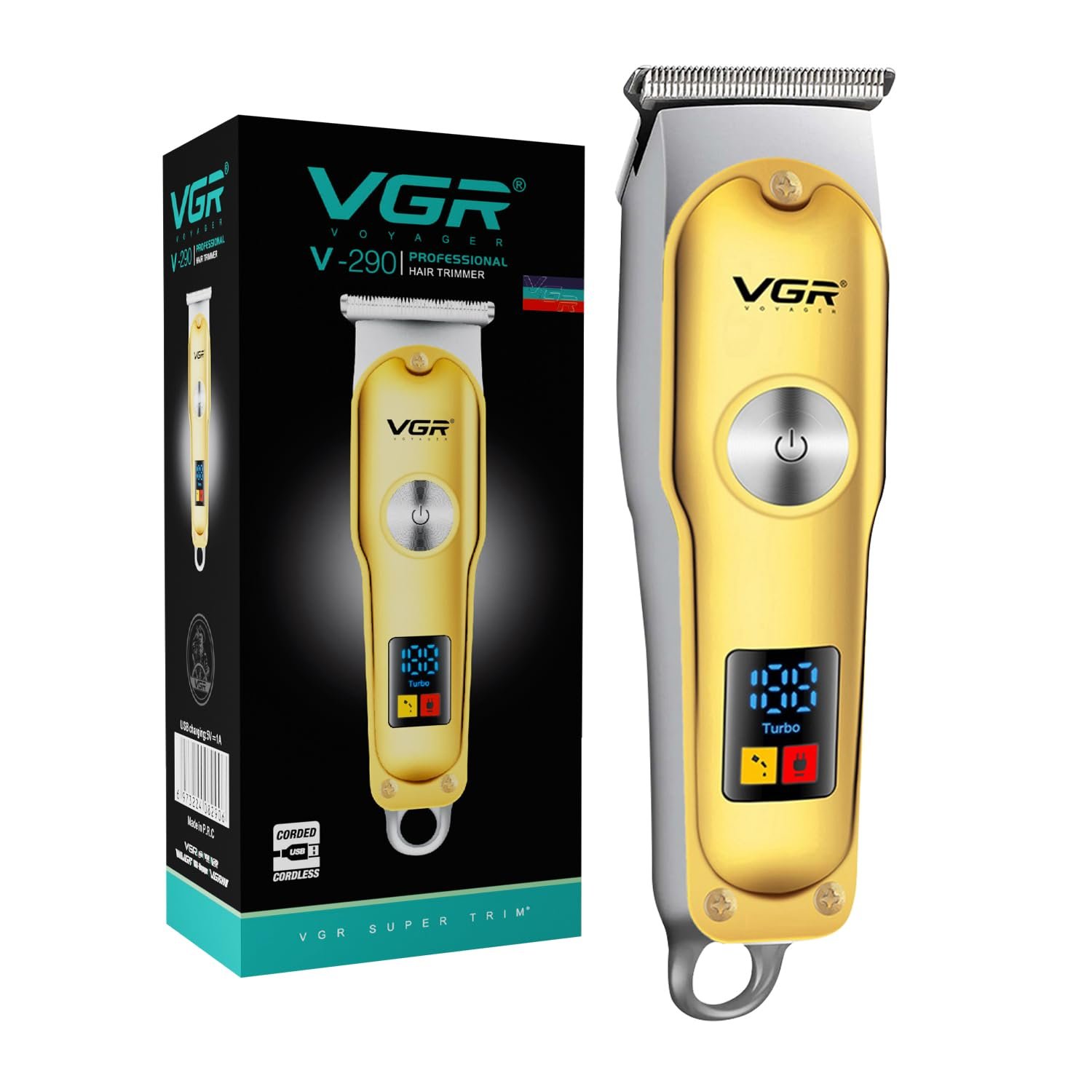 VGR V-290 Professional Hair Trimmer for Men | Precision T-Blade, Turbo Mode | 120 Min Runtime & LED Display | USB Type-C Charging with Corded & Cordless Use – Gold