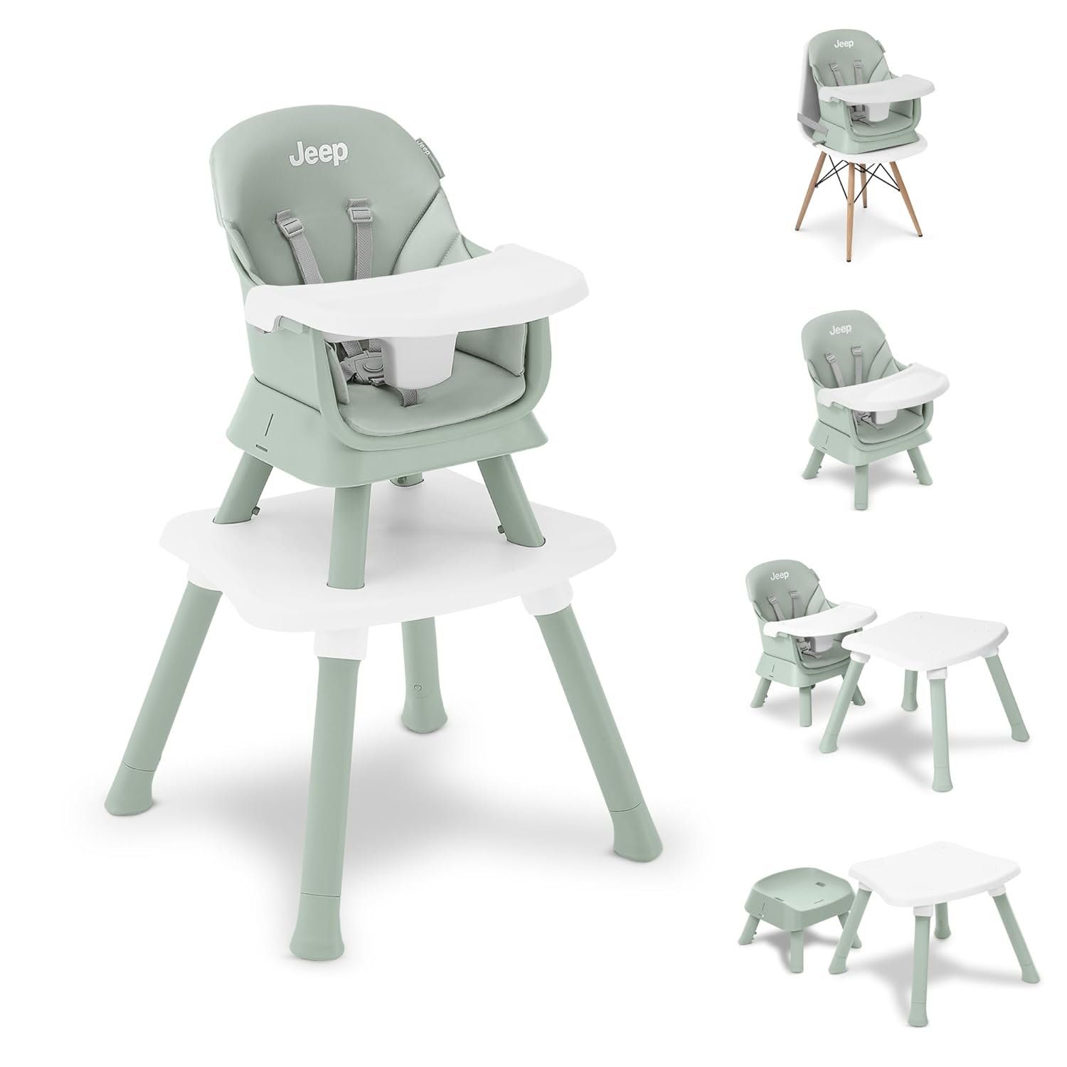 Jeep Milestone 6-in-1 High Chair by Delta Children – High Chair Converts to Stool, Booster Seat, Toddler Chair, Activity Table and Desk and Chair, Sage Green