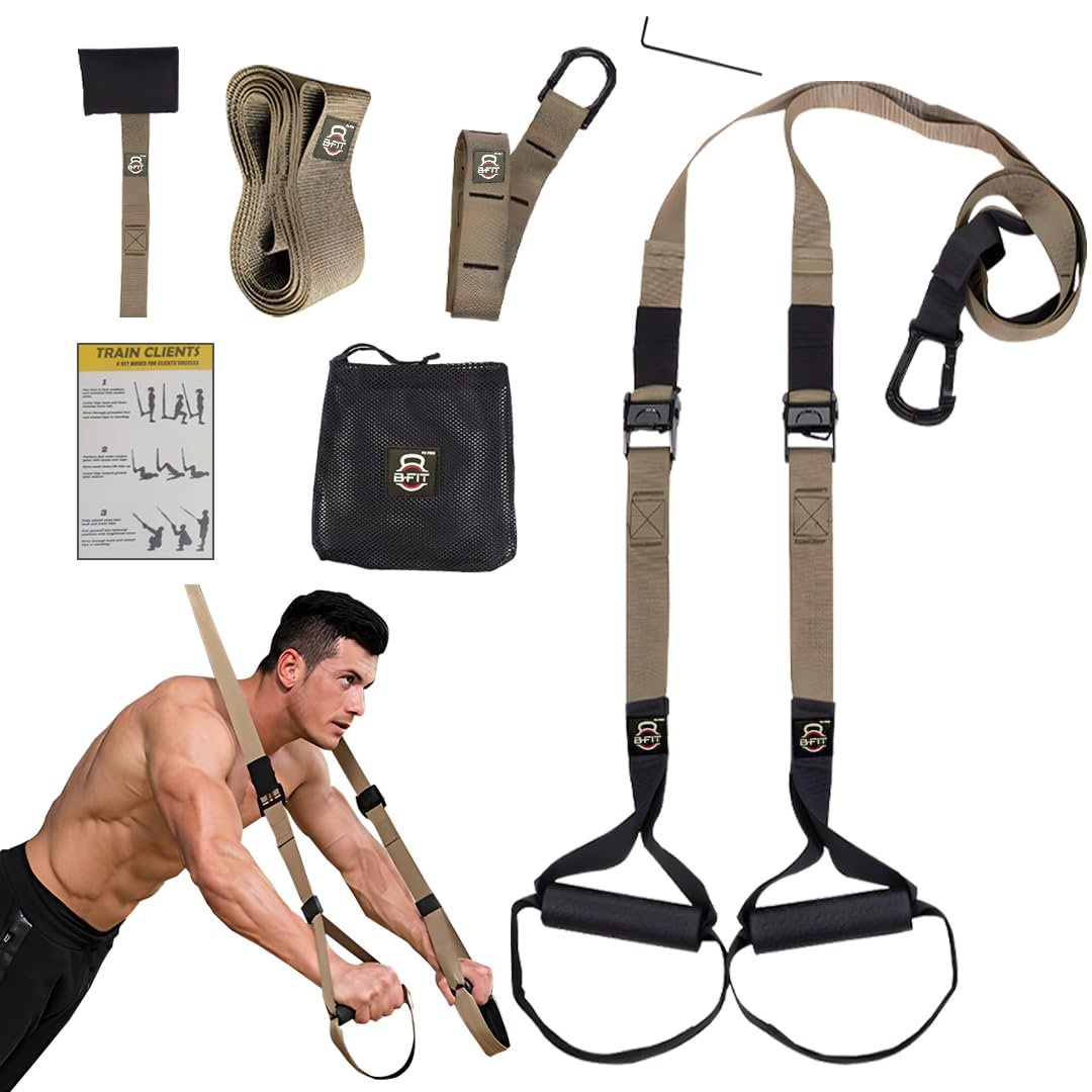 B Fit Bodyweight Fitness Resistance Kit Extension Strap for Door Pull Up Bar, Powerlifting Strength Training Kit Straps Home Gym Exercise Full-Body Workout Equipment (Military Color-PRO-Trainer Kit)