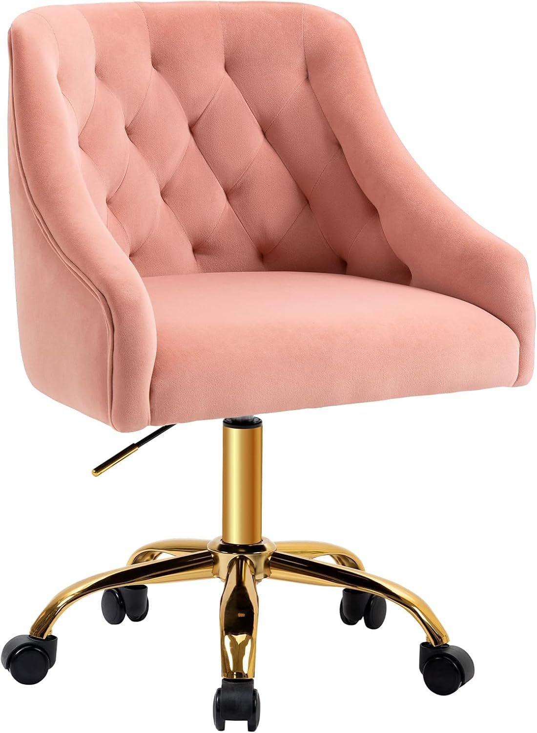 MOJAY Velvet Home Office Desk Chair, Vanity Chair with Wheels Pretty Fancy Gold 360°Swivel Height Adjustable Office Chairs for Girls Home Offices, Bedrooms, Living Room (Pink)