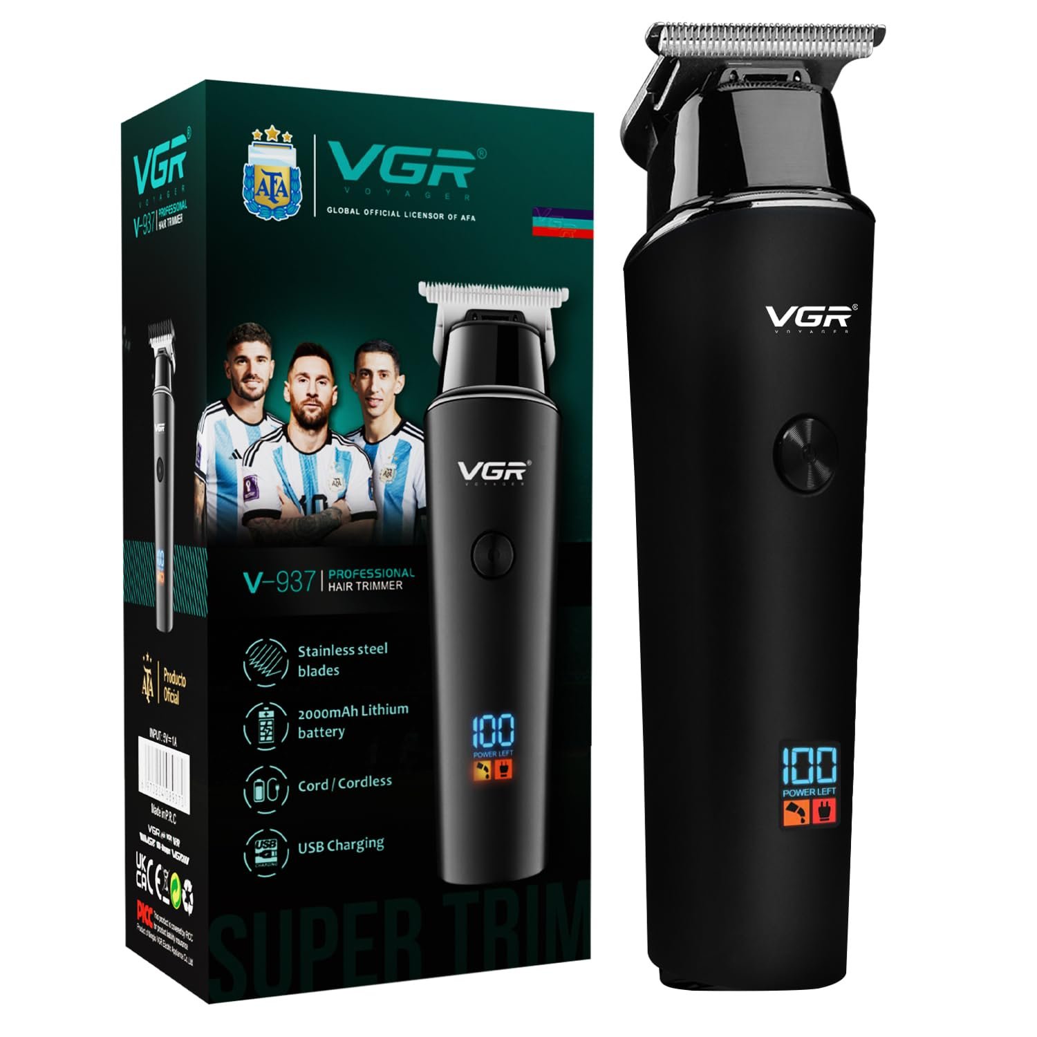 VGR V-937 Professional Hair Trimmer for Men, Rechargeable Beard Trimmer & Body Trimmer, Up to 1 Year Runtime on Single Charge, 500 Min Long Battery Life, Low Noise, LED Display, Type-C Fast Charging