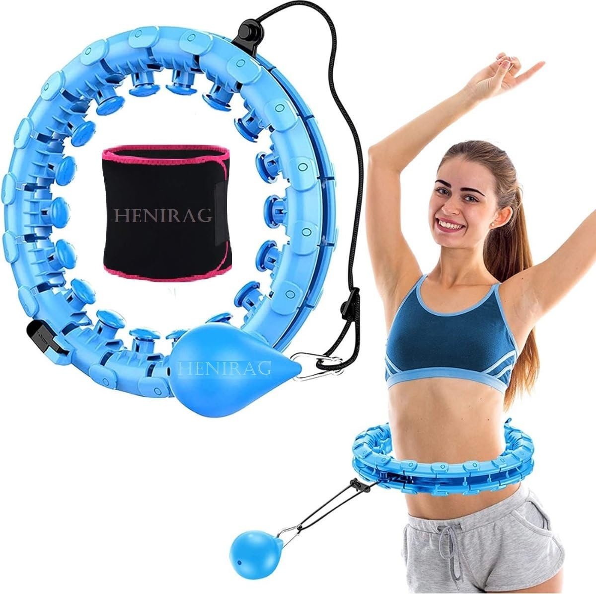 Fitness Weighted Hula Circle for Adults Weight Loss, Infinity Fitness Hoop Plus Size 52 Inch with Sweat Belt, Include 24 Detachable Links and Waist Trainer for Women (Design-2)