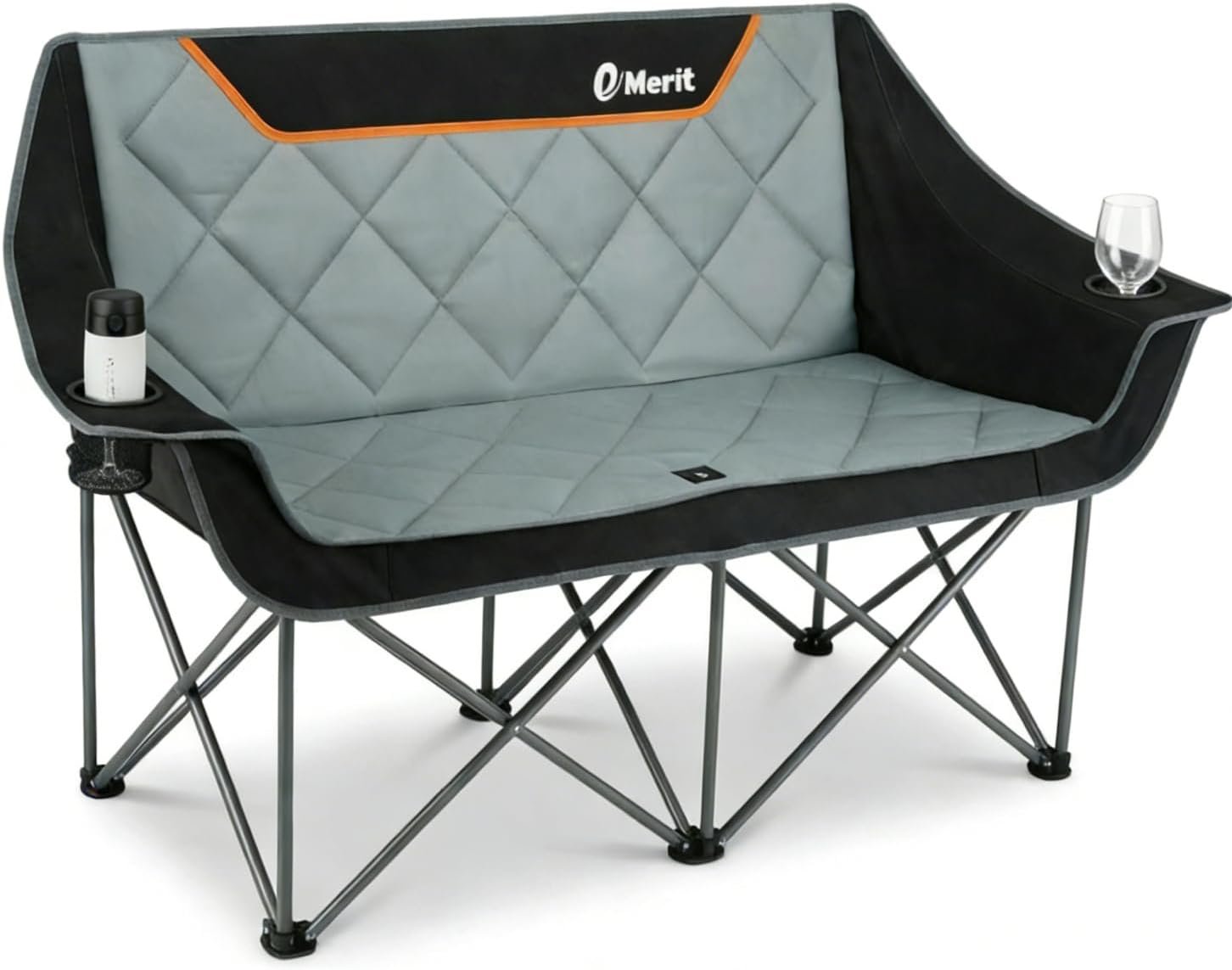 EMERIT Oversized Fully Padded Camping Chair, Heavy Duty 650LB Folding Camping Loveseat, Quad Fold Double Camping Couch with Cup Holders & Carry Bag for Outdoor, Lawn, Sports Events | HIgh Back, Rip resistance, Extra Wide Design, Cross-bracing Hubs, Easy Setup