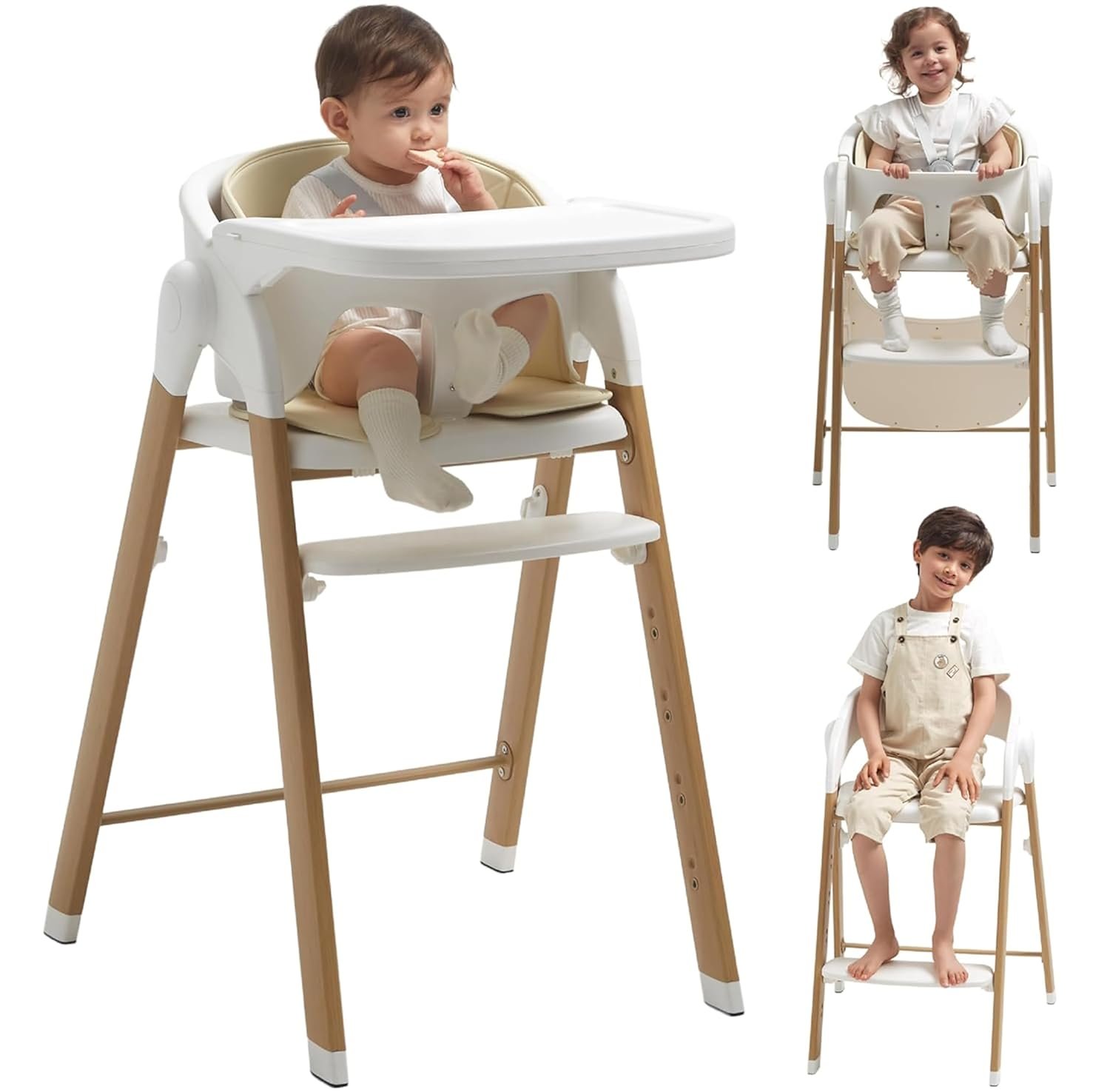 KUB High Chair for Babies and Toddlers Adjustable Foldable Convertible 5 Point Harness Easy Clean Wood-Printed Metal with Removable Tray Baby Highchair for Family (White&Natural Wood-Printed Metal)