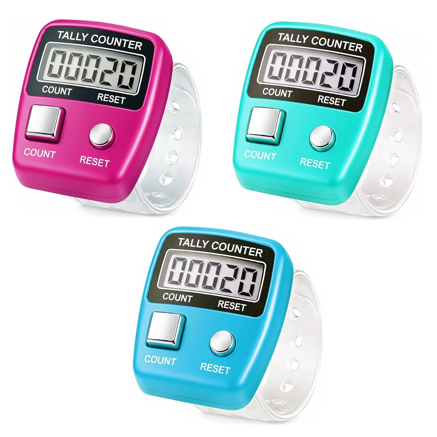 GLUN® Pack of 3 Finger Prayer Counter, 5-Digit Counting LCD Display Device, Ring Electronic Digital Finger Counter for Prayers & Various Counting Use (Random Colour)
