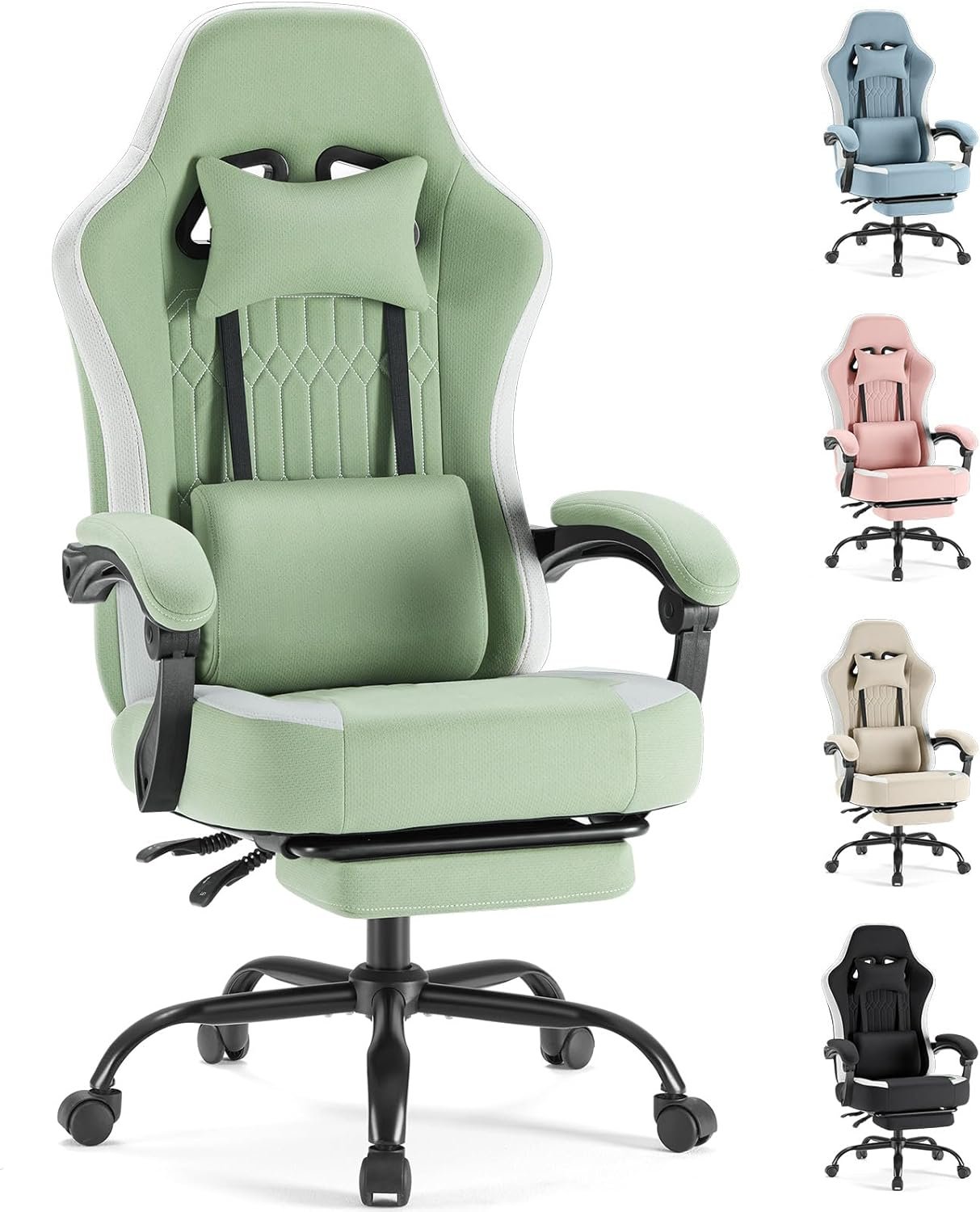 Sweetcrispy Computer Gaming Chair – High Back Ergonomic Desk Chair with Footrest and Lumbar Support, Height Adjustable Task Chair with Linkage Armrests and Headrest, 360° Swivel Wheels, Green