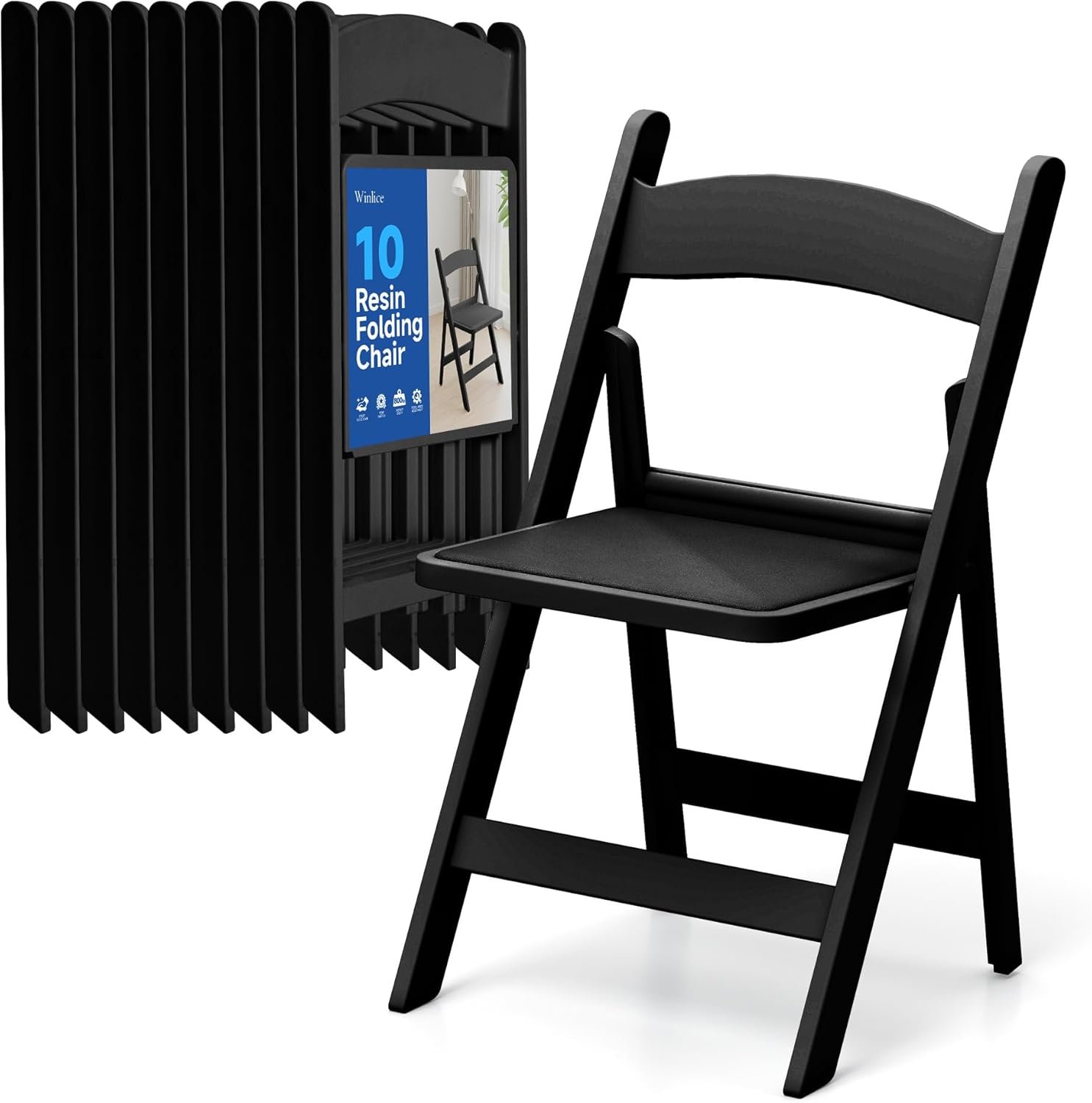 Black Resin Folding Chairs – Stackable Chairs with Padded Seats, 800LB Weight Capacity Comfortable Chair – Indoor/Outdoor Folding Chairs for Events – Lightweight Foldable Chairs (10 Pack)