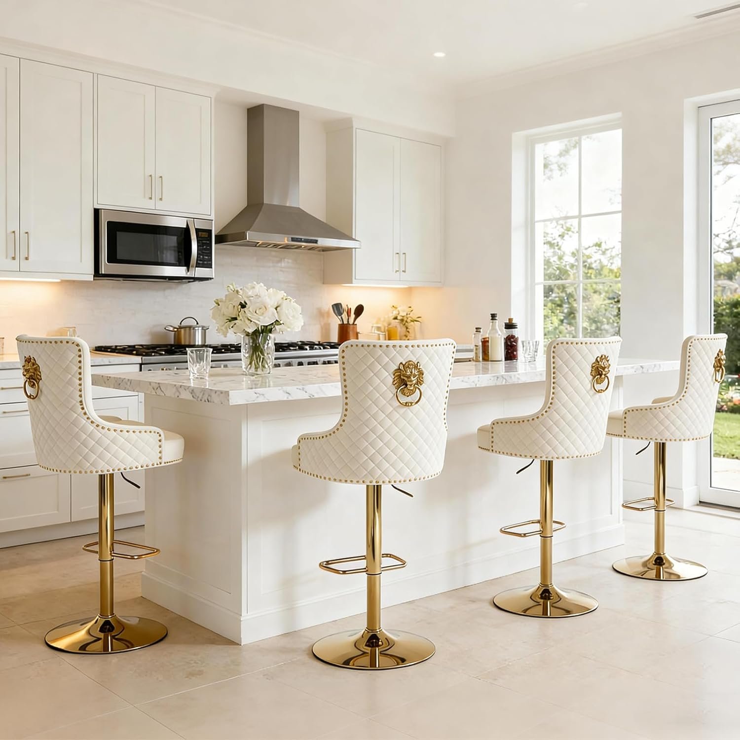 Gold Bar Stools Set of 4, Modern Swivel Barstools with Lion Pull Ring, Height Adjustable Velvet Island Chairs Upholstered Bar Height Chairs for Kitchen Counter, Dining Room, Cream