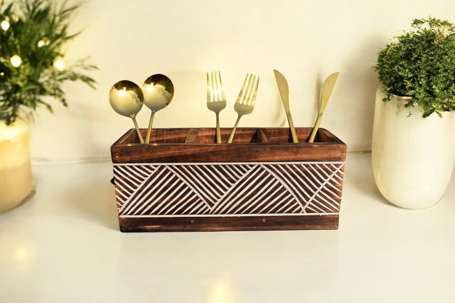 WOOD ART STORE Wood Carved 3 Campartment Holder for Home, Kitchen and Resturant, Multipurpose Storage Stand, Cutlery,Spoon,Fork,Napkin Stand for Countertop Kitchen and Dining Table (1)