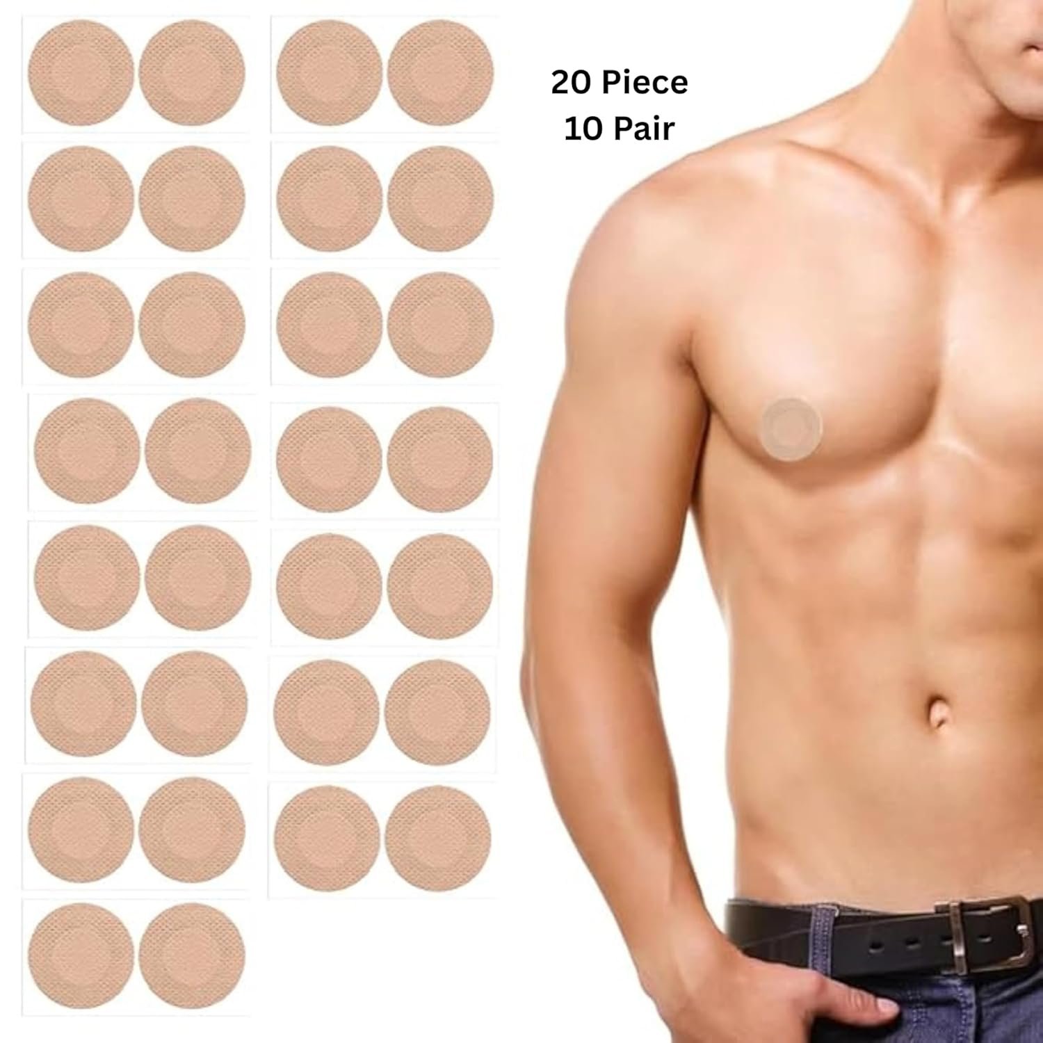 Men Nipple Covers for Running & Sports, Sweatproof Adhesive Invisible Nipple Tape, Breathable Disposable Nipple Guards for Marathon, Gym, Cycling, 20 Pieces (10 Pairs)