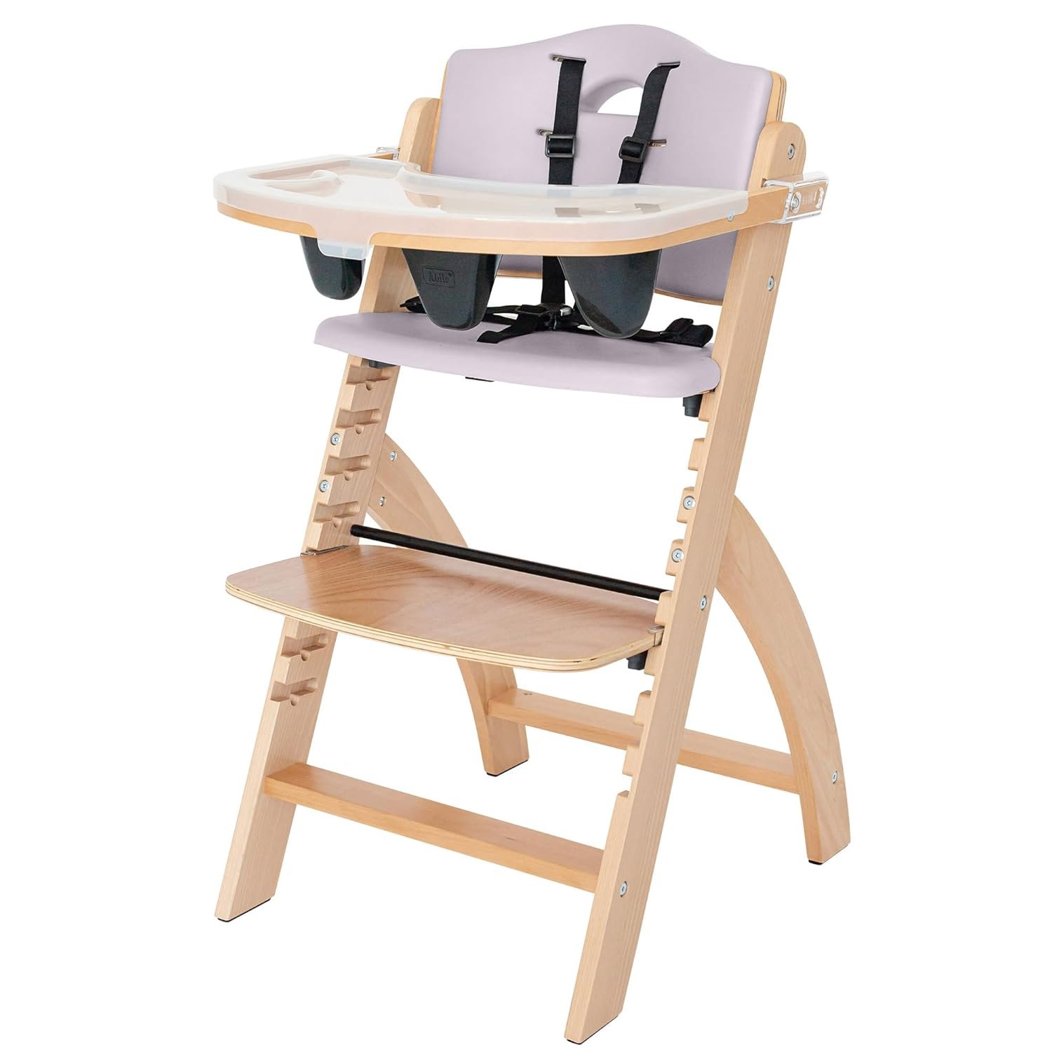 Abiie Beyond Junior Wooden High Chair with Tray – Adjustable and Convertible High Chair for Babies and Toddlers – 6 Months to 250 Lb – Water Resistant – Natural Wood with Lilac Cushion