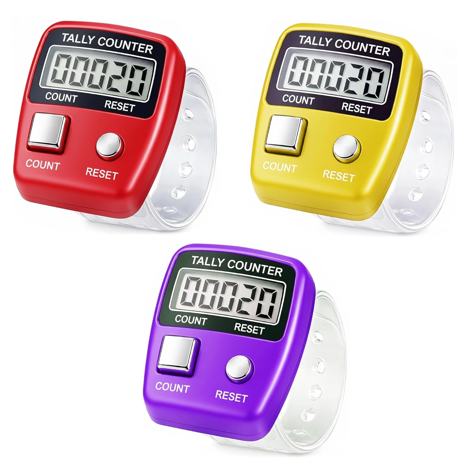 GLUN® Pack of 3 Finger Shipping Packet Counter, 5-Digit Counting LCD Display Device, Ring Electronic Digital Finger Counter for Ecommerce Sellers & Various Counting Use (Random Colour)