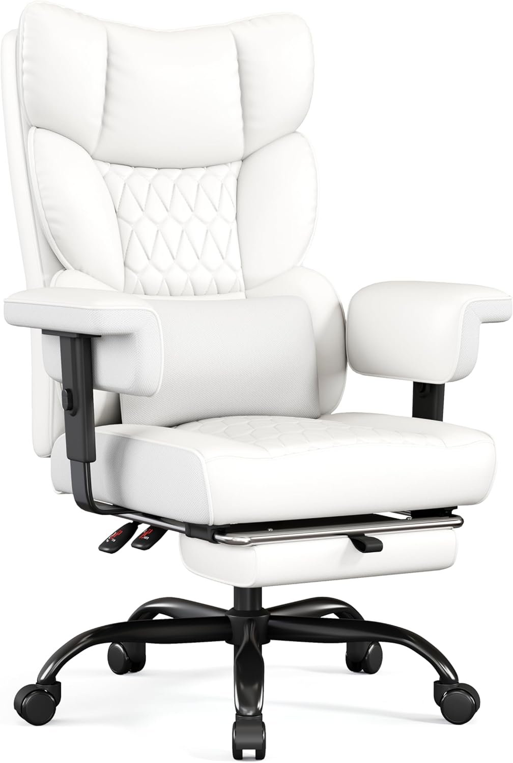 Misolant Big and Tall Office Chair with Footrest, High Back Executive Desk Chair with Adjustable Lift Armrest, 155°Recline，Lumbar Support Pillow, Faux Leather Gaming Chairs for Home or Office White