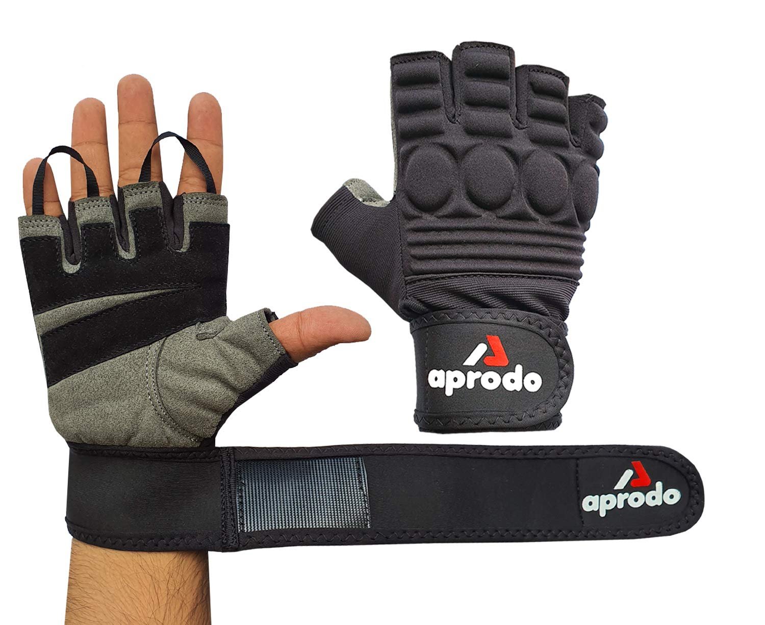 Aprodo Sports Leather Fitness Gloves Gym Workout Gloves with Wrist Support & Padded Knuckle Protector (Pack of 1 Pair) (Black and Grey, Medium)