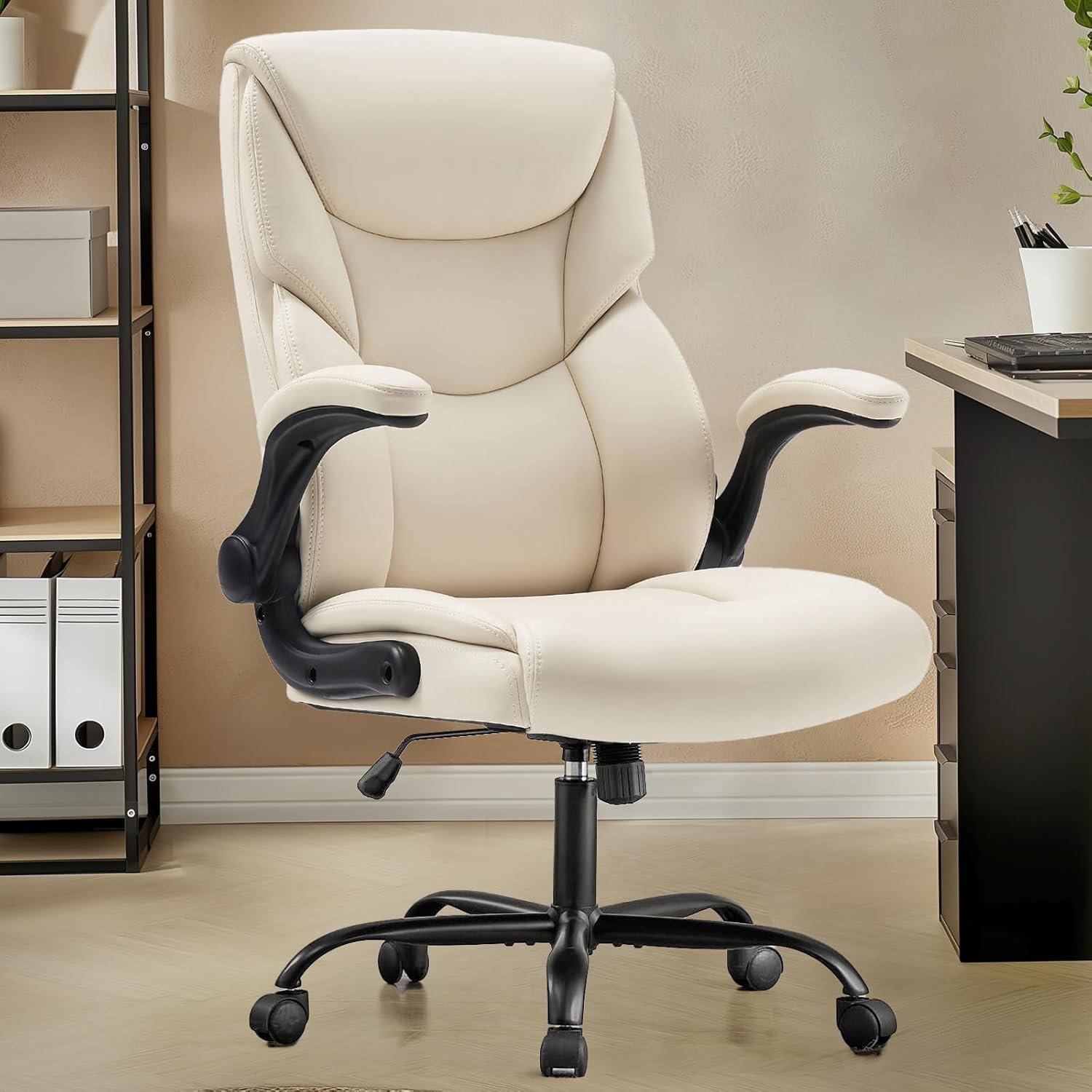 DUMOS PU Leather Office Chair – Ergonomic Executive Computer Desk Chairs with Adjustable Flip-up Armrest, Swivel Task Chair with Lumbar Support, Strong Metal Base, Cream White