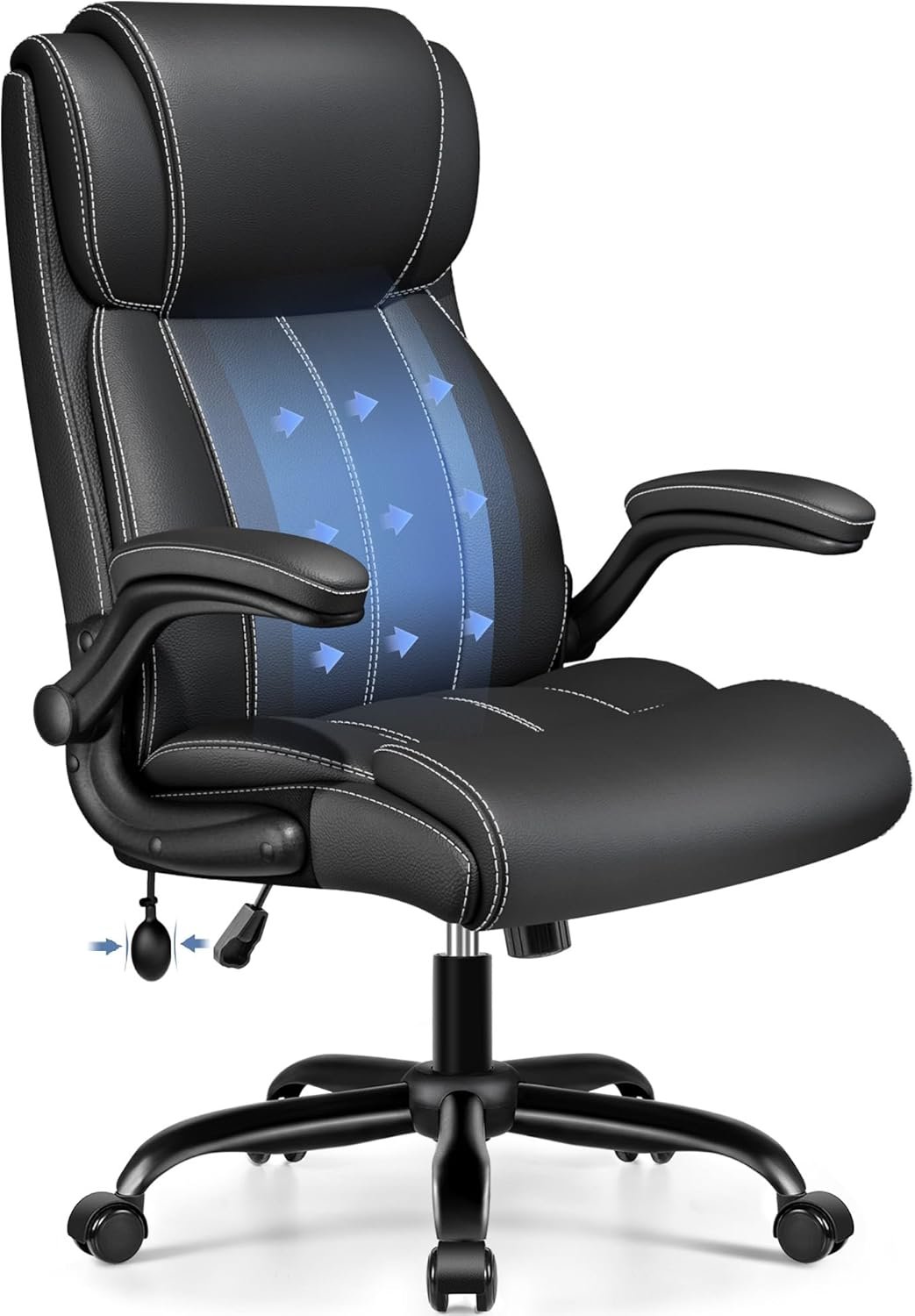 Ergonomic Office Chair – Desk Computer Chair, Leather High Back Executive Chairs with Adjustable Lumbar Support & Flip Up Arms, Rocking, Black