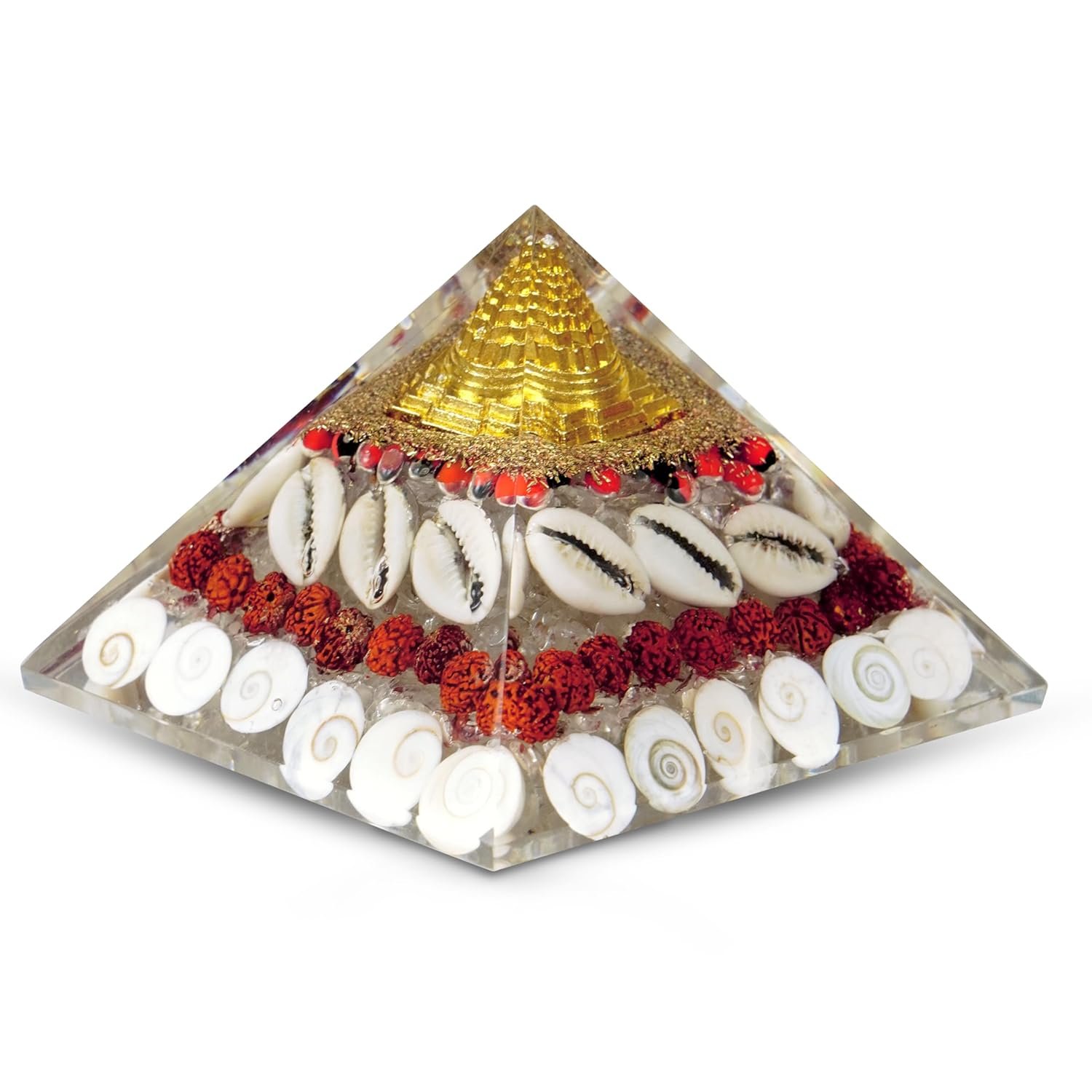 Jet International Lab Tested Original Crystal Gomati Chakra Laxmi Pyramid For Home, Office – Rudraksha | Shree Yantra | Kauri And Ratti For Vastu Money Good Wealth Good Luck And Prosperity – 4 Inch