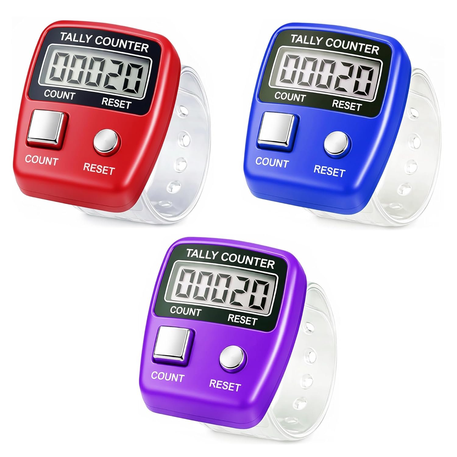 GLUN® Pack of 3 Finger Shops Footprint Counter, 5-Digit Counting LCD Display Device, Ring Electronic Digital Finger Counter for Steps & Various Counting Use (Random Colour)