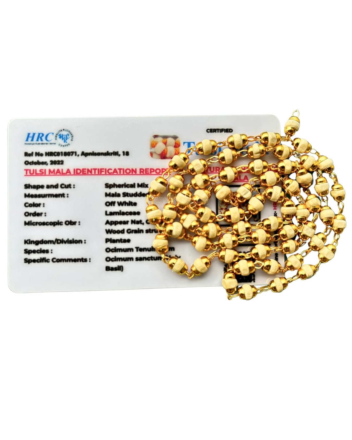 Apnisanskriti Tulsi Mala in Designer Caps (63 Beads, 3mm, Neck Length) – Natural Tulsi – Pack of 1 (White, Golden Cap)