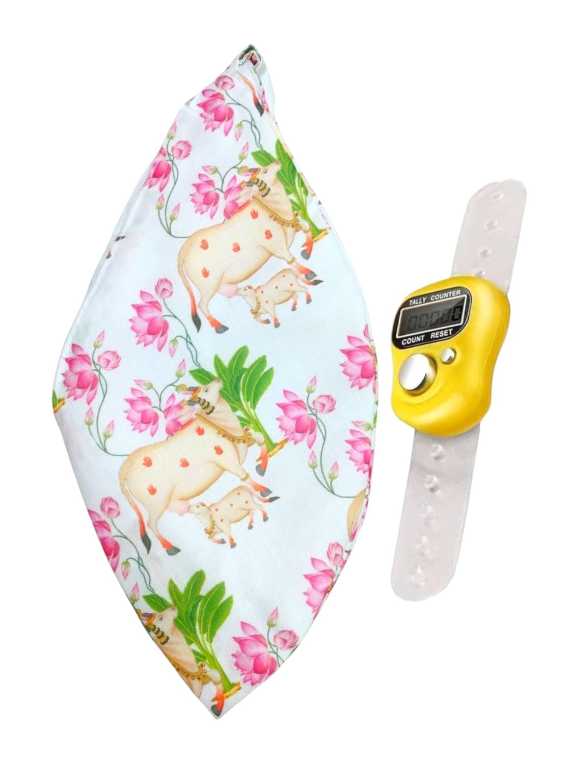 Cow Calf Printed Cotton Jholi With Digital Counter -BeadBag-Jaap Bag-Cow Print Jaap Mala Jholi With Zipper Pocket-Gomukhi Mala Jaap Jholi-Jap Jholi-Digital Finger Counter-Tally Counter For Mala Jaap