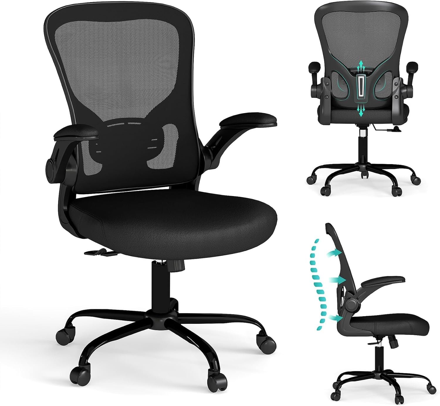 Flysky Mesh Office Chair, Ergonomic Computer Desk Chairs for Home Office – with Comfy/Comfortable Flip-up Arm Rests, Lumbar Support, Height Adjustable, 360 Degree Rolling Swivel (Black)