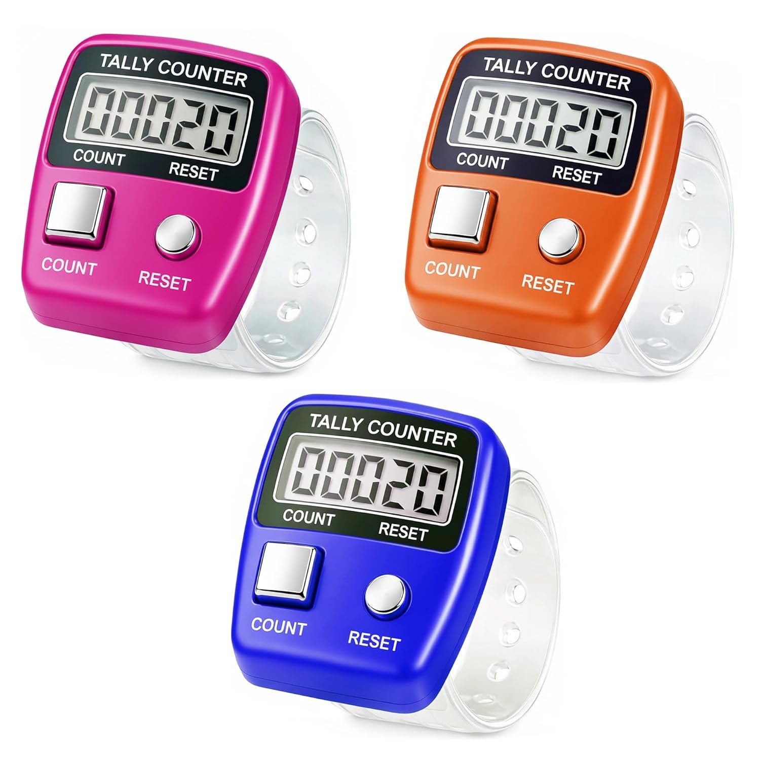 GLUN® Pack of 3 Finger Student Present Counting Device, 5-Digit Counting LCD Display, Ring Electronic Digital Finger Counter for Children Counter & Various Counting Use (Random Colour)