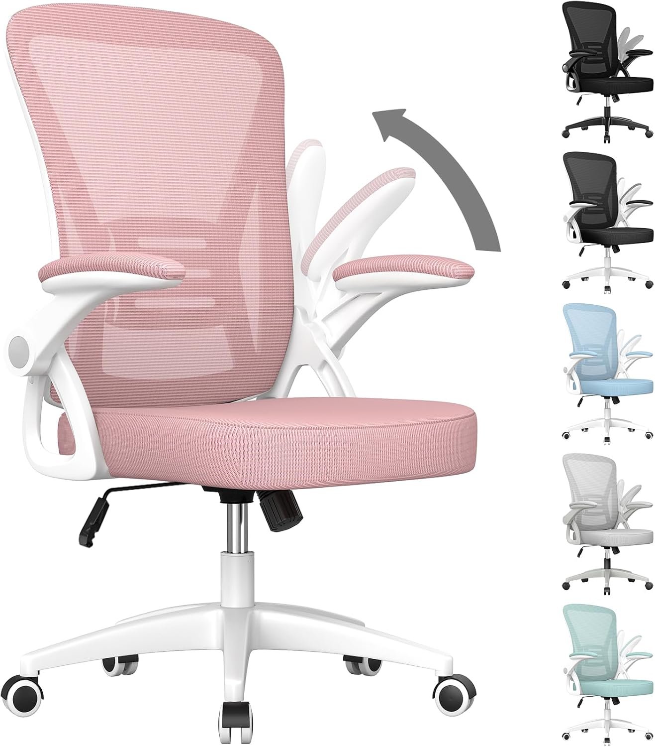 naspaluro Ergonomic Office Chair, Computer Chair with Adjustable Height, Flip-Up Arms and Lumbar Support, Breathable Mesh Desk Chair for Home Study Working (Without Headrest, Pink)