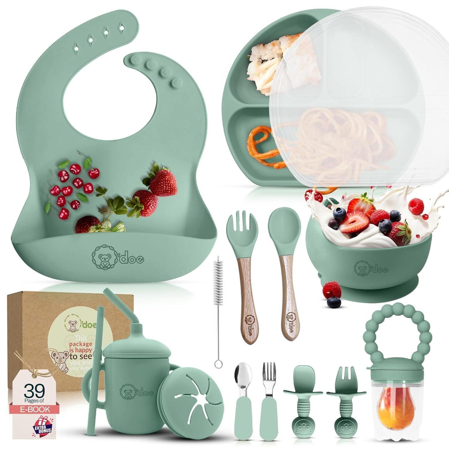 O’doe 17-Piece BPA-Free Silicone Baby Feeding Set | Thick & Soft Suction Plates, Baby Bowls, Wooden Fork & Spoon, and More | Make Mealtime Fun and Easy for Your Little One (Green, V2)