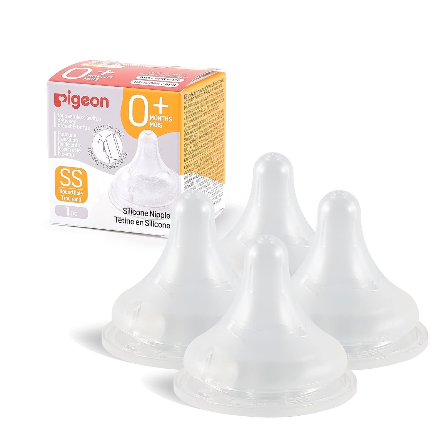 Pigeon Silicone Nipple (SS) with Latch-On Line, Breastlike Natural Feel, Newborn Super Slow Flow, 0+ Months, 4 Counts