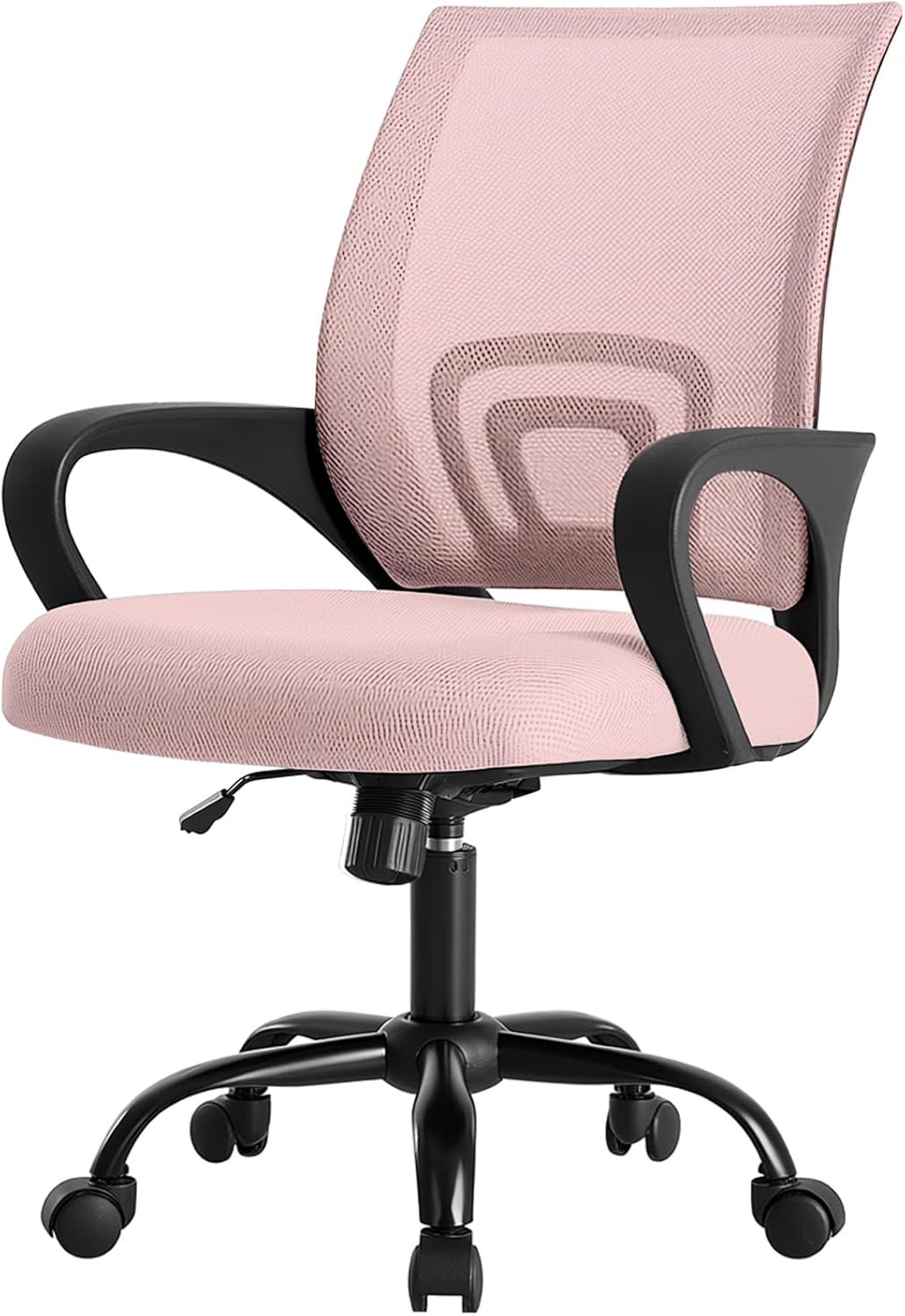 DUMOS Office Desk Chair – Ergonomic Mid Back with Lumbar Support & Rocking Mode, Height Adjustable with Fixed Armrest, Storage Back for Computer, Gaming, Conference, Meeting Room, 360° Swivel, Pink