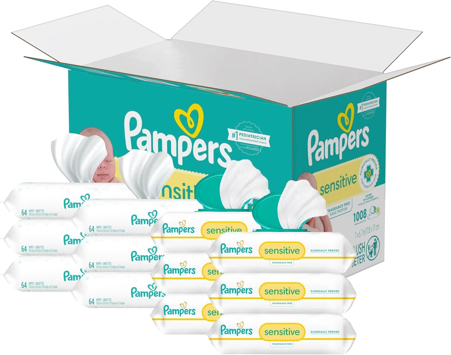 Pampers Sensitive Baby Wipes, Water Based, Hypoallergenic and Unscented, 18 Flip-Top Packs (1008 Wipes Total) [Packaging May Vary]