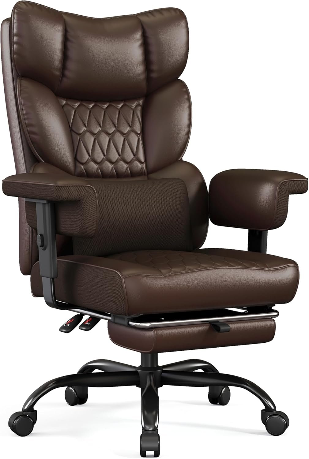 Misolant Big and Tall Office Chair with Footrest, High Back Executive Desk Chair with Adjustable Lift Armrest, 155°Recline，Lumbar Support Pillow, Faux Leather Gaming Chairs for Home or Office Brown