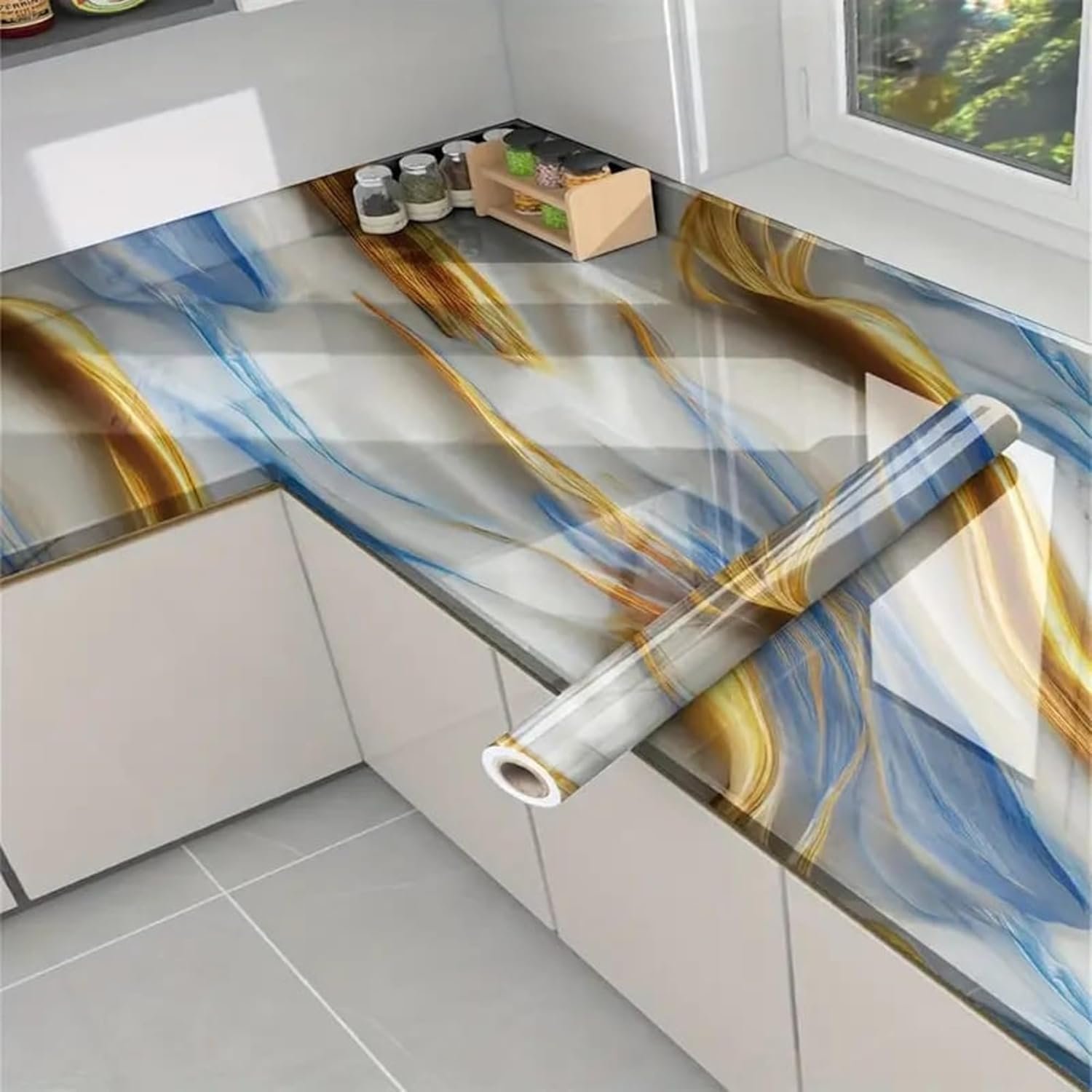 TEKCOOL Premium Wall Stickers DIY Wallpaper Vinyl Marble Peel and Stick Waterproof Wallpaper for Home Kitchen Countertop Cabinet Furniture Oil Proof Kitchen Stickers(60x200cm)(Premium Ocean Gold-4pc),