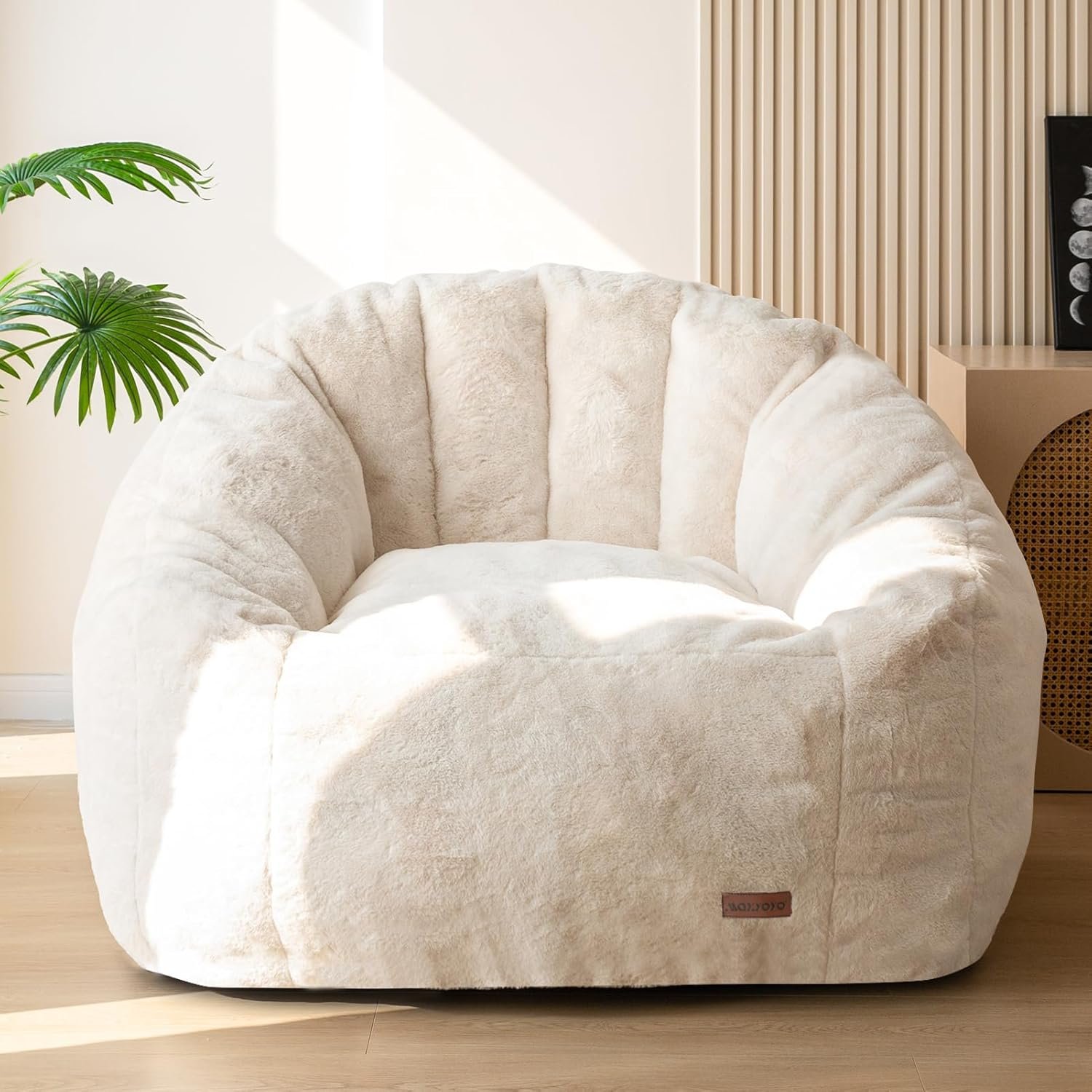 MAXYOYO Giant Bean Bag Chair, Oversized Bean Bag Couch for Adults and Kids, Faux Fur Shell-Shaped Large Chair with Filler, Stuffed Big Accent Sofa Lounge Floor Sofa for Reading, Beige, Standard