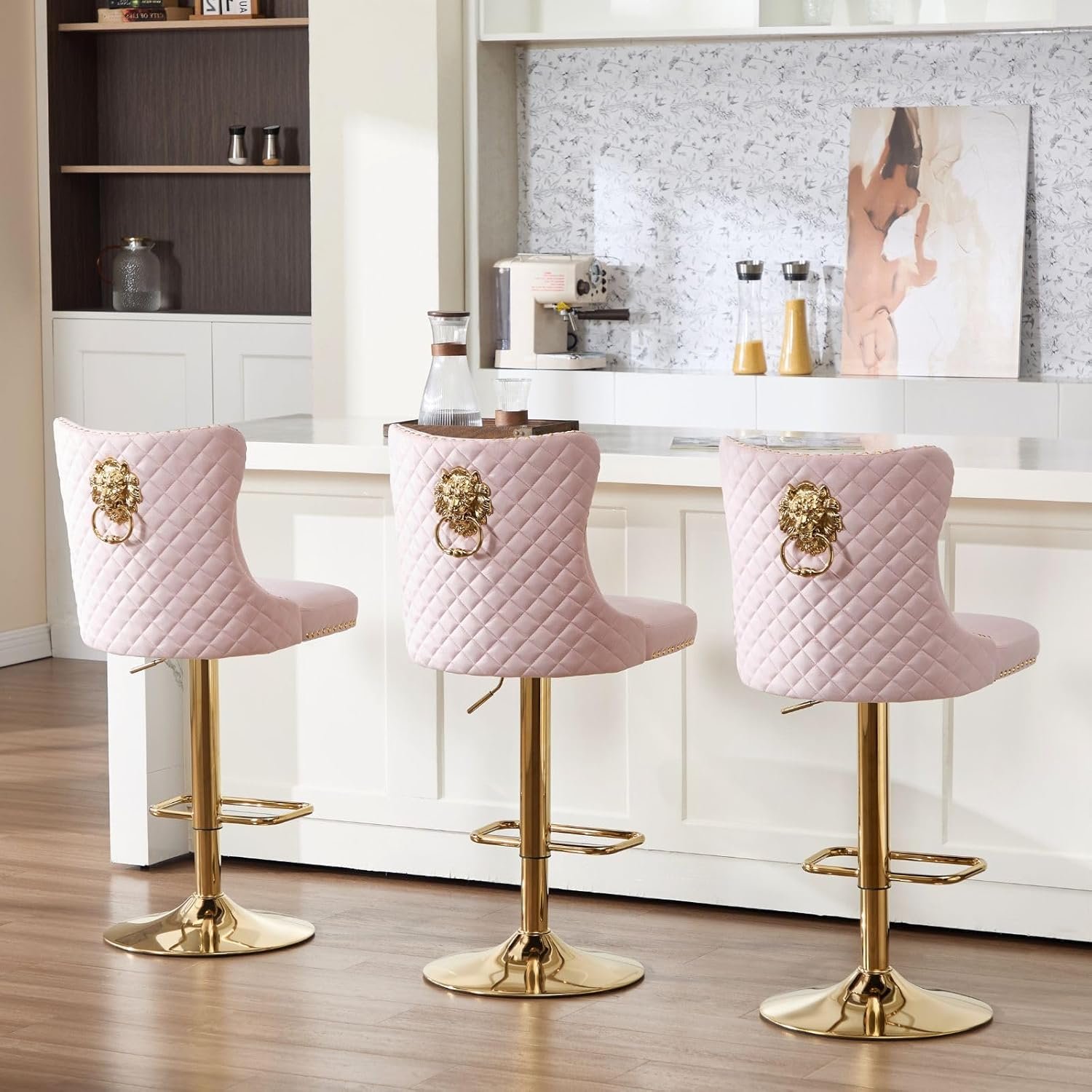 Gold Bar Stools Set of 3, Modern Adjustable Swivel Counter Stools with Lion Pull Ring, Velvet Tufted Barstools Upholstered Bar Height Chairs for Kitchen Island, Dining Room, Cafe, Pink