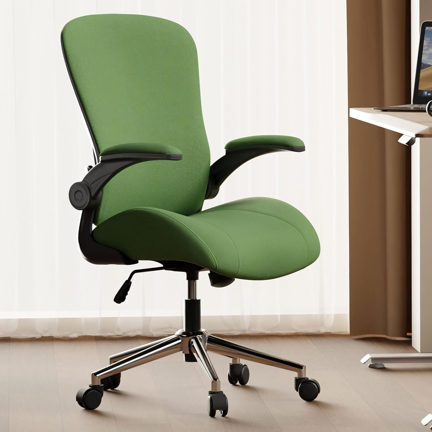 Green Ergonomic Office Desk Chair, Soft Fabric Thickened Curved seat Cushion with Adjustable Lumbar Support, Perfect Blend of Comfort and Good Looks, Ideal Chair for Home or Office, Green