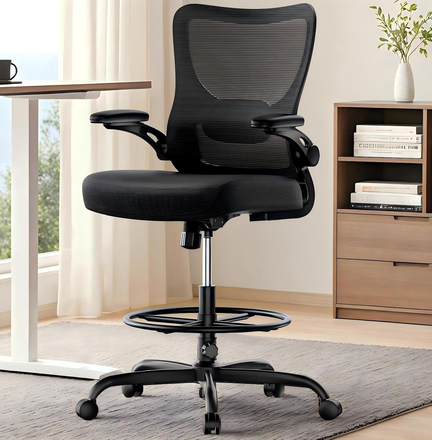 Marsail Drafting Chair, Tall Office Chair with 2D Lumbar Support, Standing Desk Chair,High Office Chair with Padded Flip-Up Armrests & Adjustable Footrest Ring, Dark