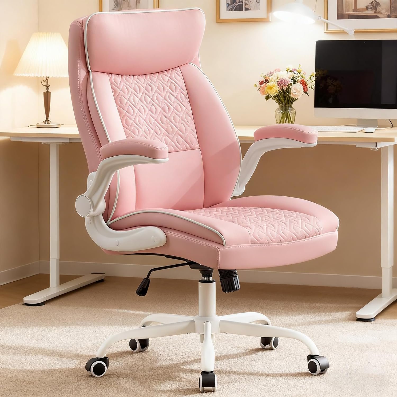 Leather Office Chair, Computer Desk Chair with Lumbar Support,Height Adjustment, Comfortable Excutive Task Chairs 400lbs with Padded Flip-up Armrests, Pink