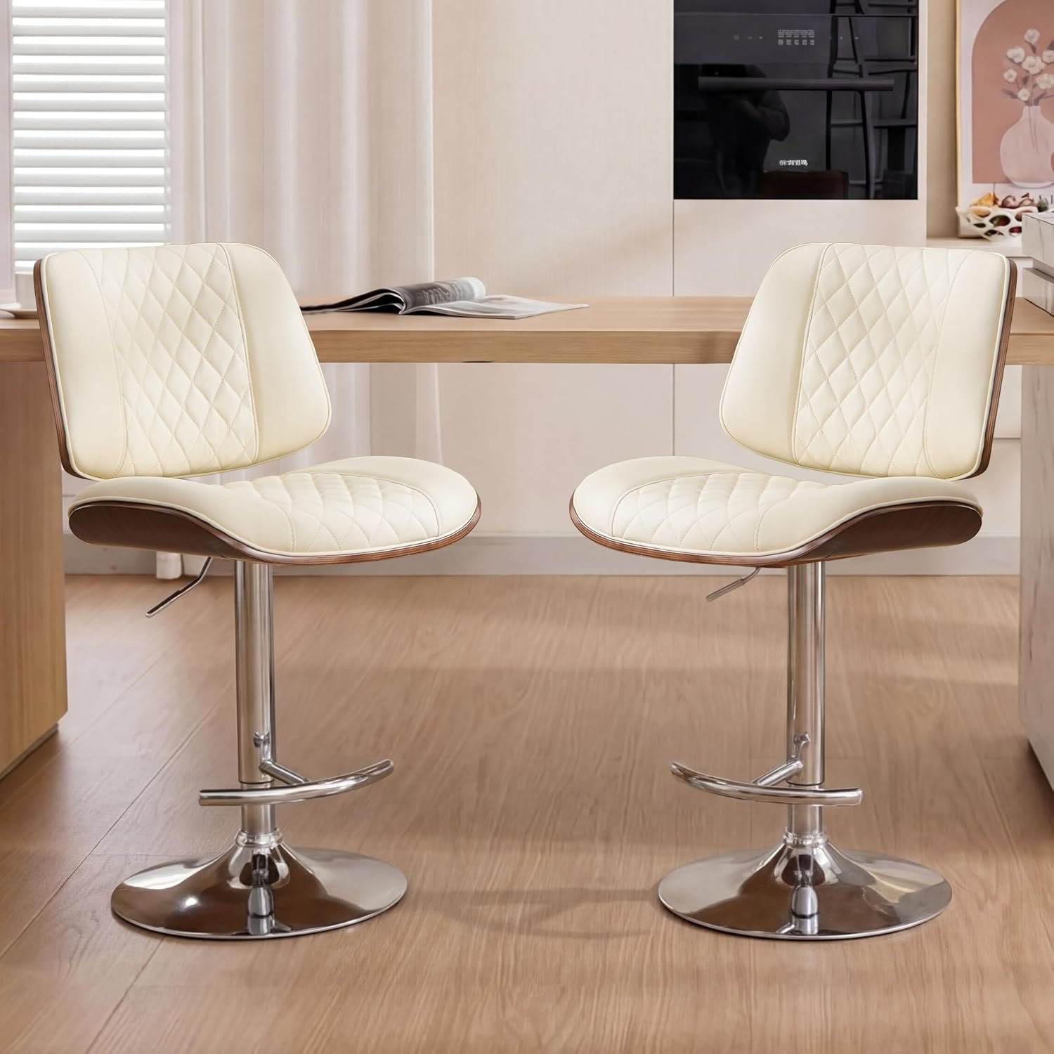 IPKIG Bar Stools Set of 2, Modern Adjustable Height Counter Barstools with Swivel & Back, PU Leather Bar Chairs Kitchen Island Stools with Footrest, Beige