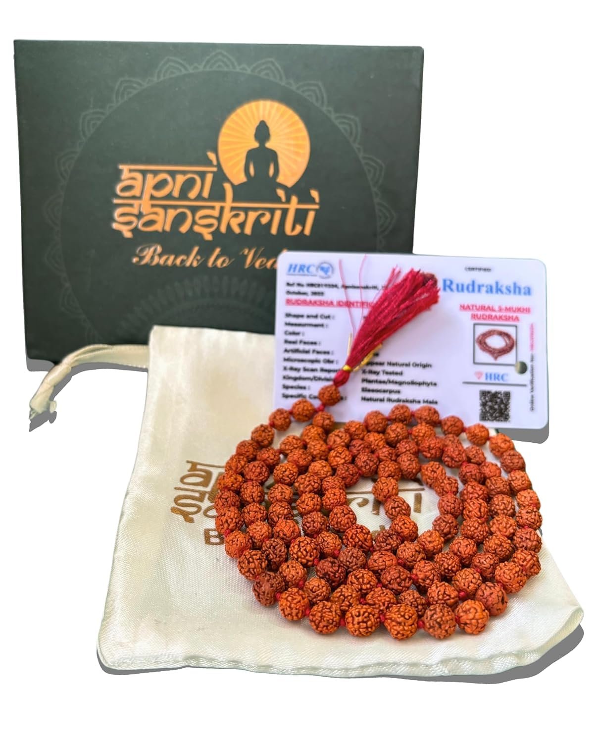 Apnisanskriti Lab Certified 5 Mukhi Rudraksha Mala Men/Women Wearing (7mm, Medium Bead Size, Chest Length, 108+1) – Natural Brown Rudraksha Beads – Pack of 1