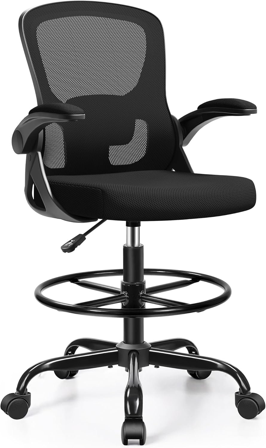 Drafting Chair Tall Office Chair for Standing Desk – Ergonomic Computer Work Stool with Flip-up Arms, Foot Ring & Adjustable Lumbar Support. Ideal for Studio, Artist, Engineer, & Study (Black)