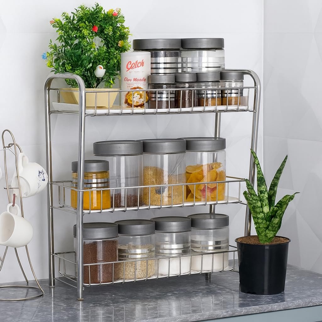 3-Tier Stainless Steel Kitchen Storage Rack, Multi-Purpose Organizer Shelf, Spice Jars Stand, Counter Organizer for Pantry Storage, 52x40x20, Silver